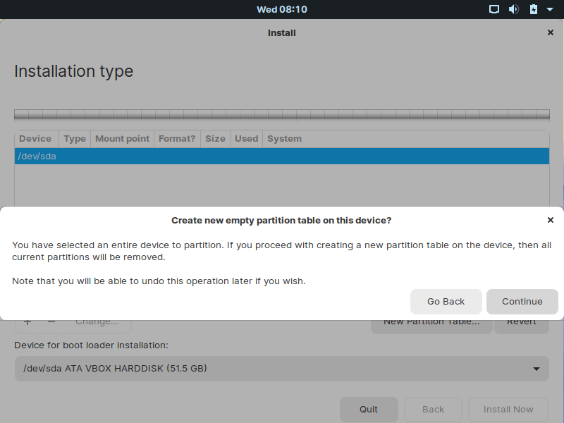 Confirm to Create New Partition Table