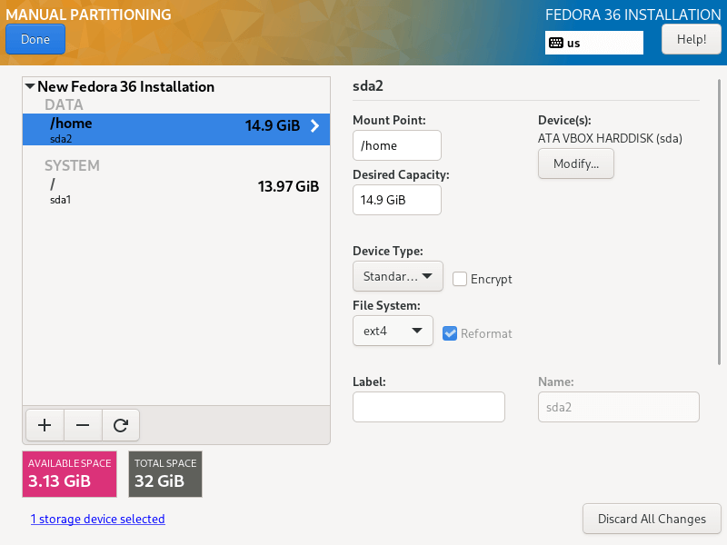 Fedora Home Partition Type