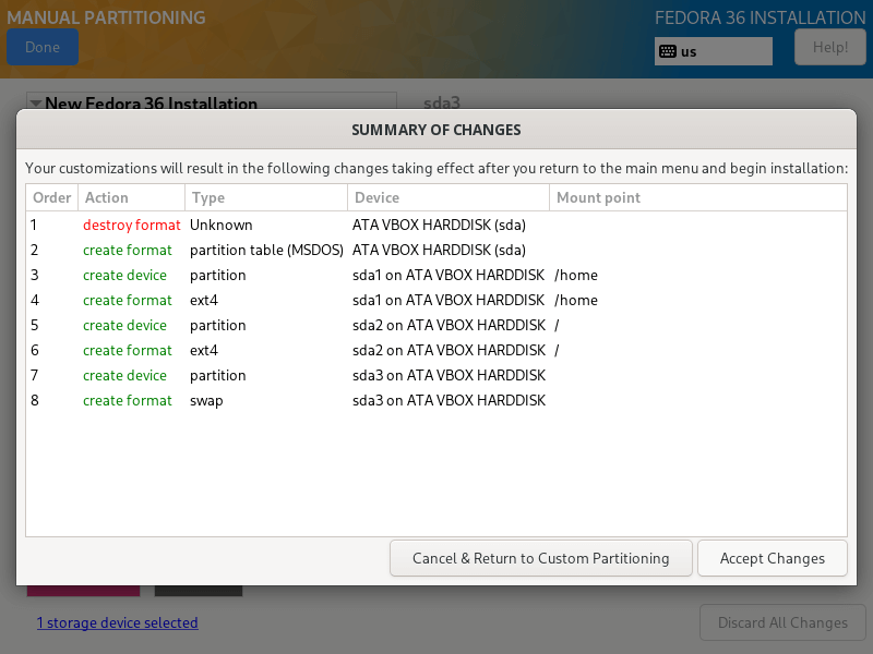 Fedora Partition Changes