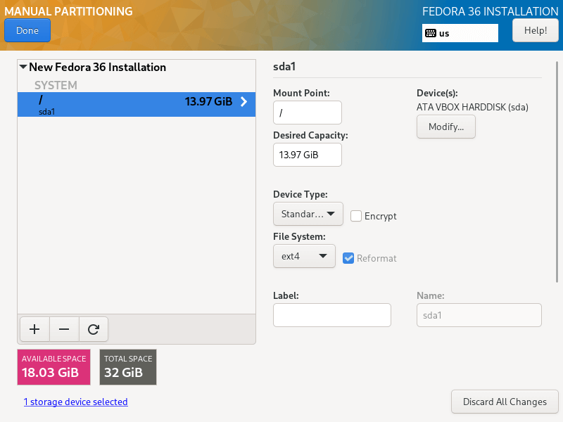 Fedora Root Partition Type