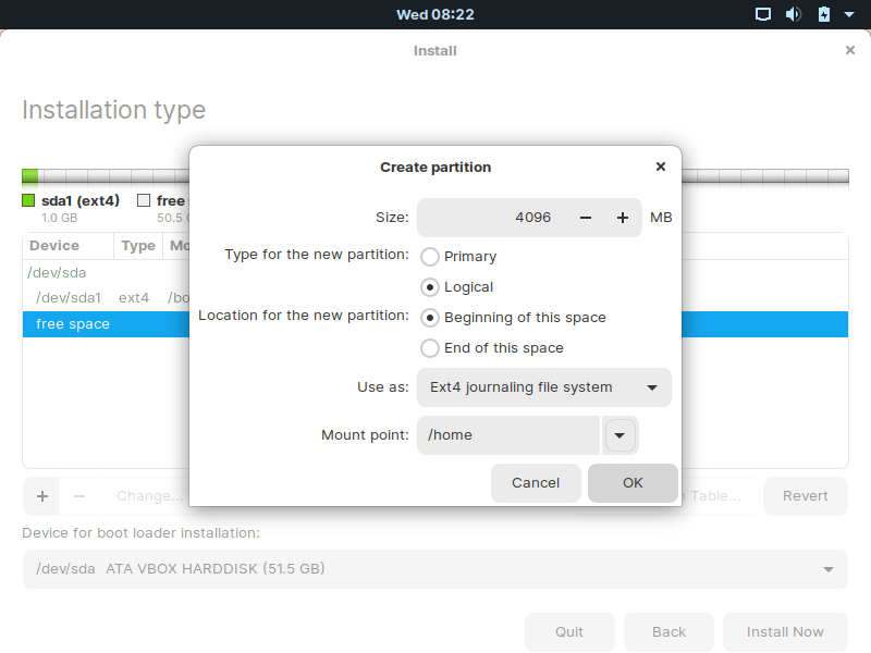 Enter Home Partition Size