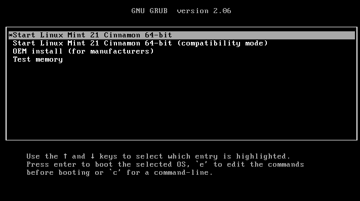 Linux Mint 21 Boot Menu