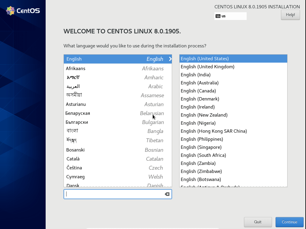 Select CentOS 8 Installation Language