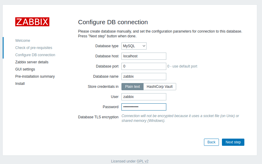 Zabbix Database Settings