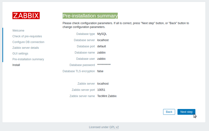 Zabbix Pre-installation Summary